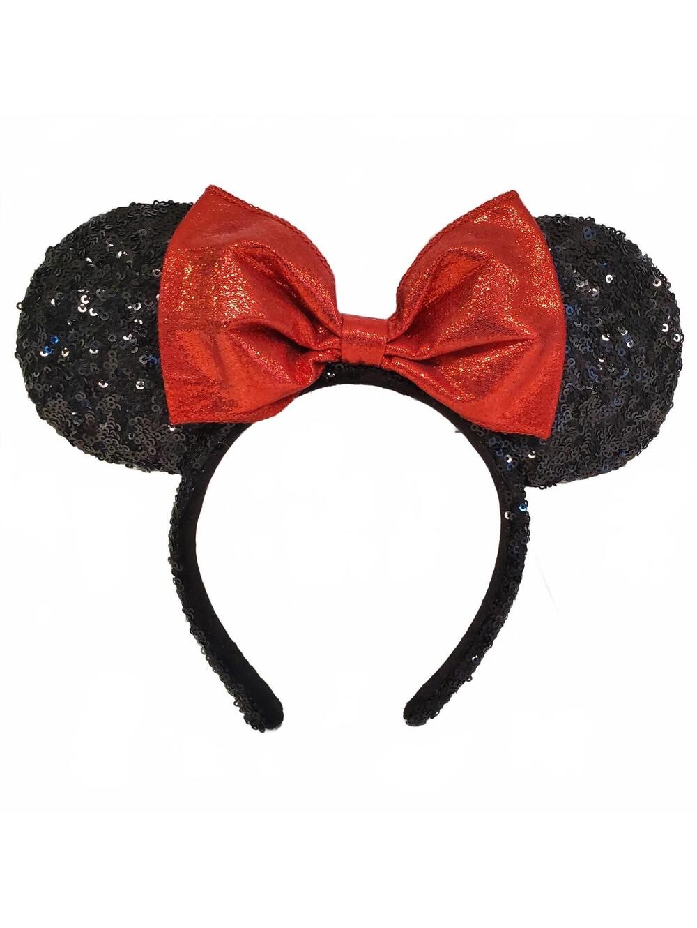 Minnie Mouse ears headband black sequin with red bow